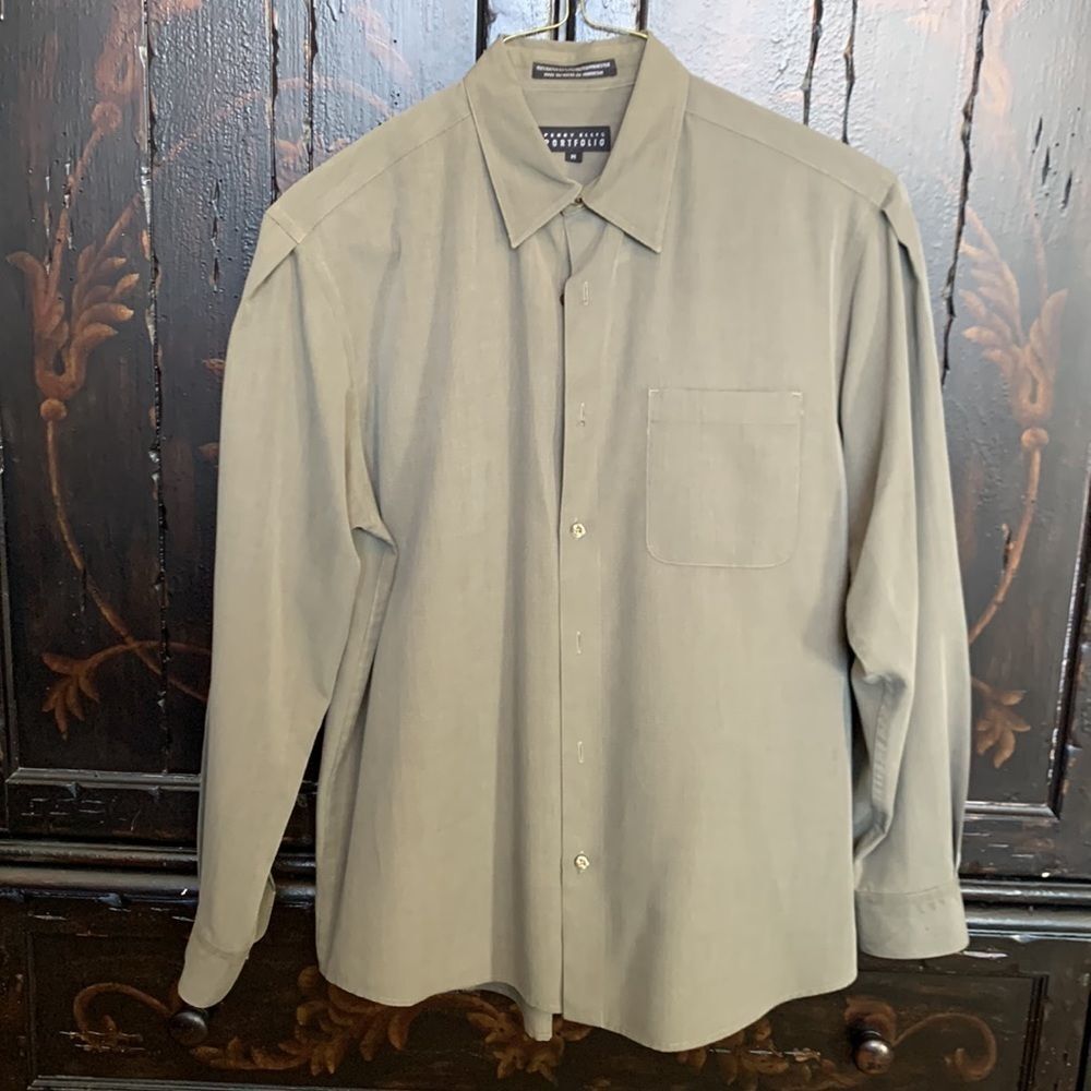 Men’s Perry Ellis Portfolio Khaki Army Green Button Down Dress Shirt Size M
